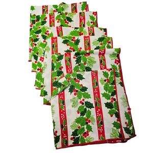 Set of 6‎ Christmas Holly Berry Napkins White Red Green vintage Table Linen